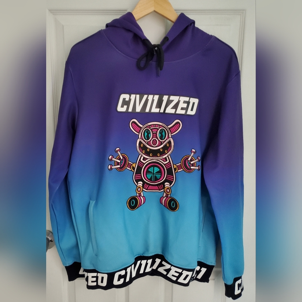 Civilized Men's Embroidered Robot Pullover Hoodie Ombre Blue Purple Size M